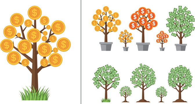 Money Tree with Dollar Coins and Bills for Financial Growth, Investment, and Wealth Design Illustration