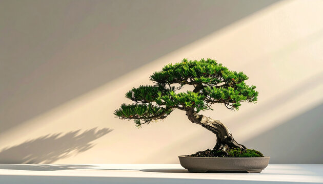 A bonsai tree in a minimalist setting  with soft shadows against a neutral background
