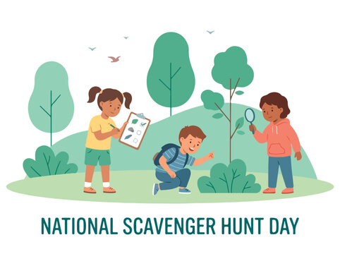 Children on scavenger hunt outdoors together.