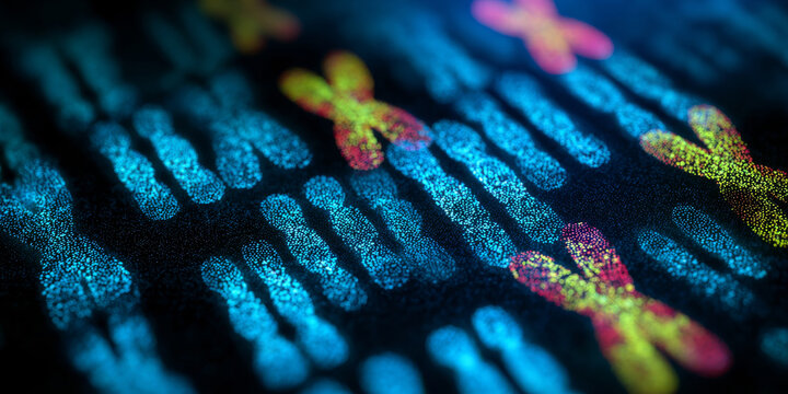 High detail chromosome structures arranged in karyotype grid on glowing laboratory screen, close-up cytogenetics visualization, cool sterile lighting