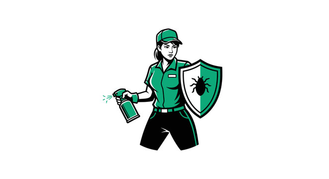Pest control professional woman holding shield and spray bottle.