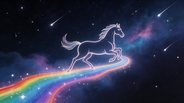 Horse galloping on rainbow in space