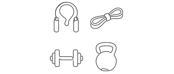 Naklejka premium Minimalist vector icon set featuring a collection of 4 home gym equipment designs: jump rope, resistance band, dumbbell, and kettlebell for fitness, sports, and workout training illustrations.