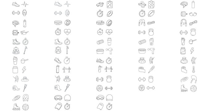 Mega Vector Icon Set of 112 Minimalist Fitness and Sports Icons. Comprehensive Bundle for Gym, Health Tracking, Cycling, Hiking, Recovery, Strength Training, Swimming, Coaching, and Sports Medicine.