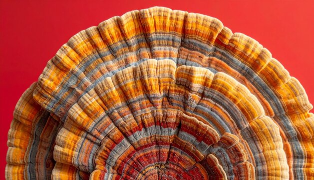 Close-up of a vibrant turkey tail mushroom (Trametes versicolor) with concentric rings on a red background.