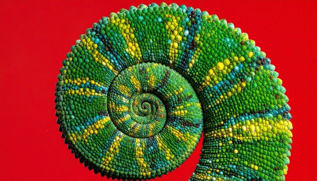 Macro shot of a curled chameleon tail with green and yellow scales against a vibrant red background