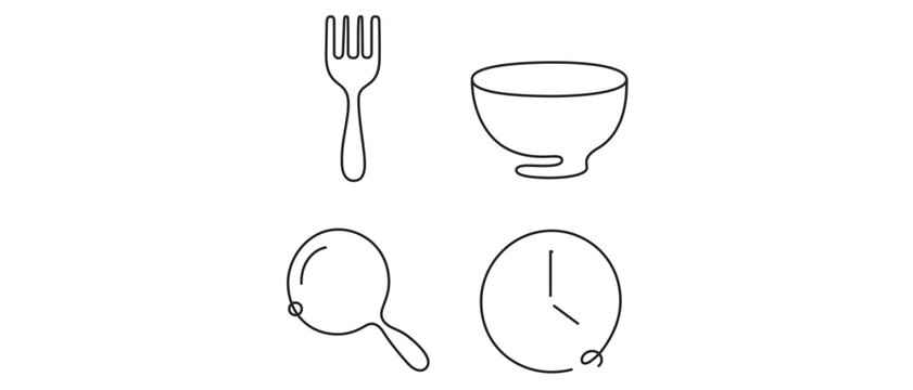 Mindful eating and nutrition planning vector icon set collection of 4 minimalist line art icons featuring a fork, bowl, magnifying glass, and clock for healthy lifestyle and diet concepts.