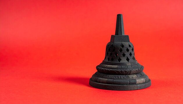 Miniature replica of a Borobudur stupa temple on a bright red background with copy space