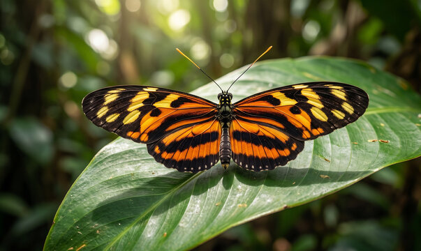 Isabella&rsquo;s Heliconian butterfly resting on a vibrant tropical leaf