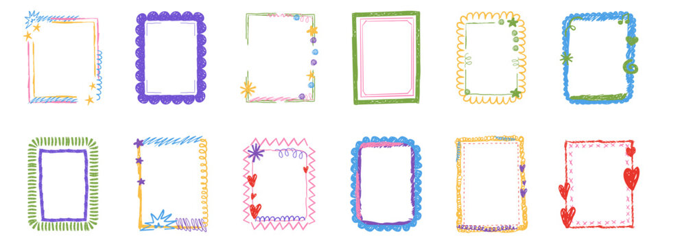 Crayon frame childlike hand drawn border set. Kindergarten chalk texture, doodle scribble box, cute for child childish day. 