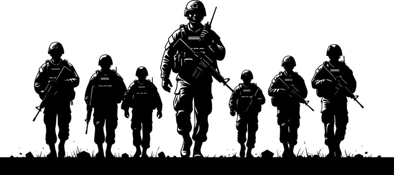 Soldiers silhouette group marching with rifles for military army defense war veteran memorial day and patriotic armed forces concept designs