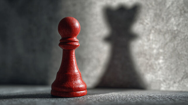 Red pawn chess piece casting queen shadow on wall, representing ambition and potential Conceptual photography of growth, leadership, strategy, and hidden power in business, career, and personal develo