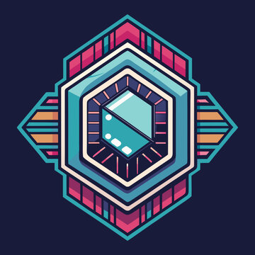 Futuristic cyberpunk hexagon shield emblem with colorful geometric details