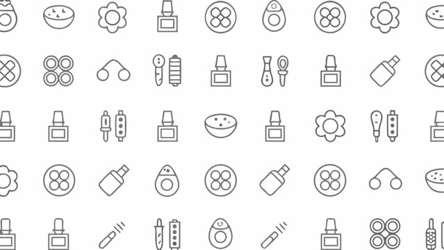 Seamless pattern with cosmetic icons, beauty products, nail polish, makeup tools, and skincare items, thin line style design
