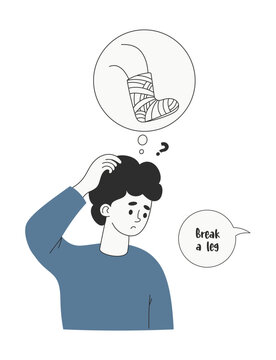 Neurodiversity Concept. Autistic Person Interpreting Idiom Break A Leg Literally. Thinking Bubble with Broken Leg in Cast. Literal Thinking in Autism. Isolated Vector Illustration. Minimalist Drawing.
