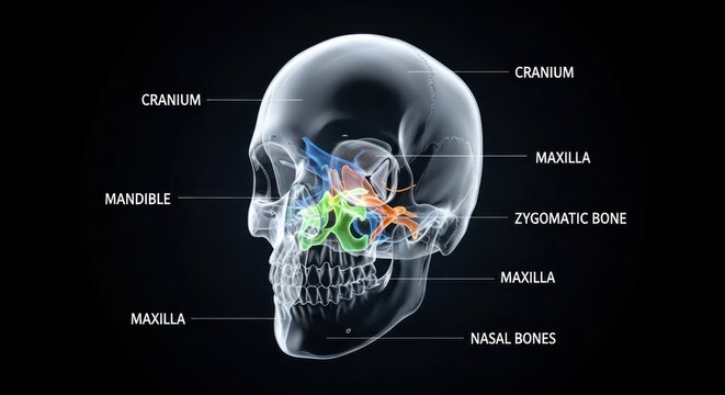 The anatomy of the human skull, highlighting the distinction between the cranial vault (braincase) and the facial skeleton.