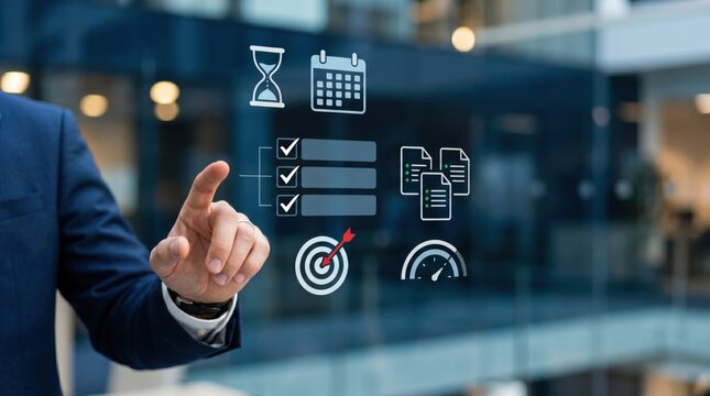 Businessman touching virtual hologram icons on glass, project management and strategic planning concept, digital checklist and calendar interface, corporate goal setting and