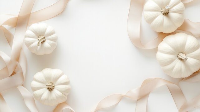 Elegant autumn background with white pumpkins, light pink ribbon, and dried leaves framing a space copy central