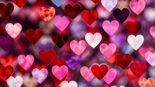 Panning shot of colorful paper hearts drifting across bokeh background in studio valentine scene