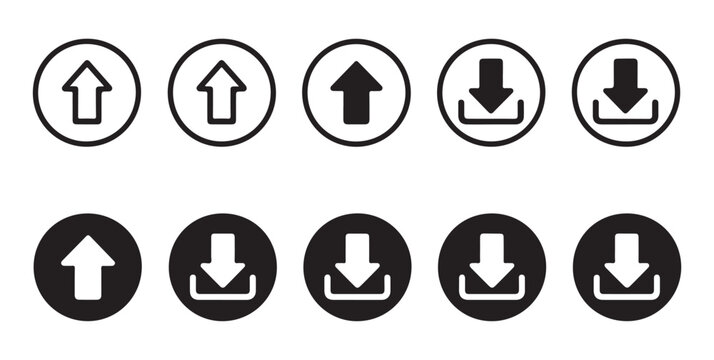 Data transfer arrow icons collection showing upload and download actions in circular frames vector bundle.