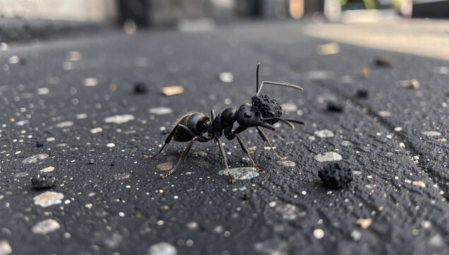 A single black ant stands on a grey pavement