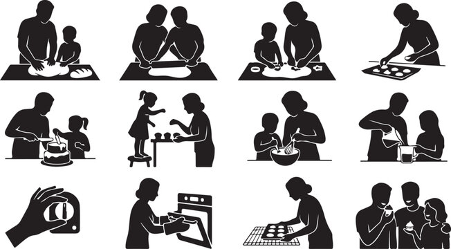 Family Baking Silhouette Set &ndash; Mother and Children Cooking, Dough Preparation, Cake Decorating, Kitchen Activities Vector Collection