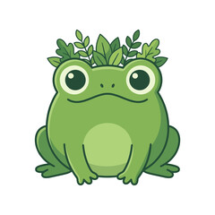 Fototapeta premium A cartoon frog with green leaves on its head sits calmly outdoors.