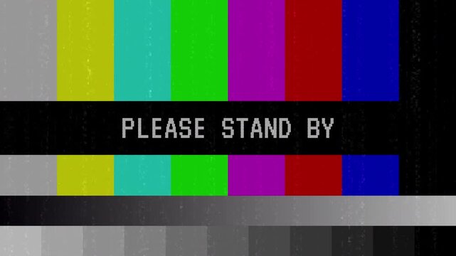 Vertical TV static noise scratch and glitch effect with color pattern background. Please stand by text 4K video animation