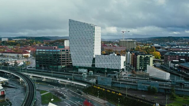 Rainy day in Gothenburg with busy commuter transit scene