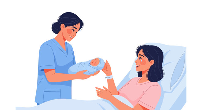 A vector illustration celebrates International Midwives' Day, depicting a caring midwife gently handing a newborn baby to its mother resting in a hospital bed, against a clean white
