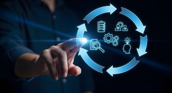 Businessman touching a digital interface with business process management icons in a circular cycle