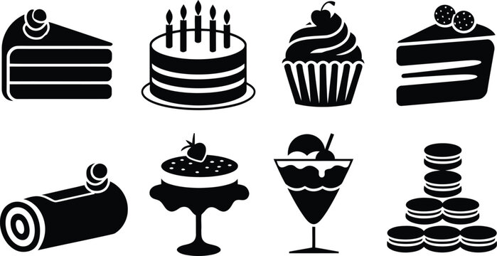 Sweet bakery dessert cakes and pastry silhouette icon set vector