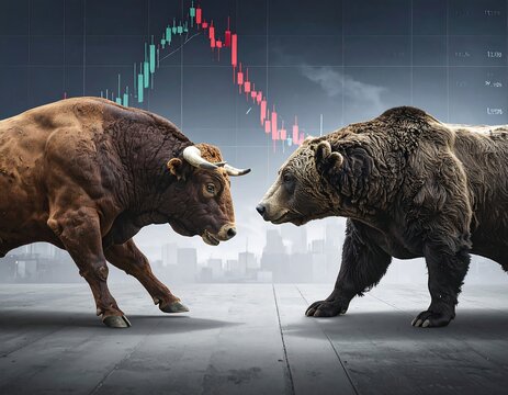 Bull and bear in a face-off with market graph backdrop