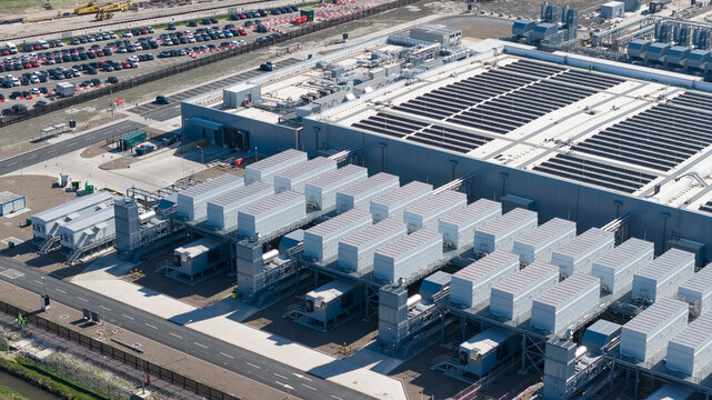 Drone view of hyperscale datacenter in Westpoort, Groningen, featuring big data, AI infrastructure, machine learning, cloud services, and sustainable digital development.