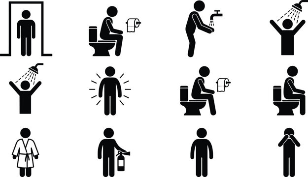 Personal hygiene and daily routine icons set with toilet use handwashing shower cleaning and sanitation symbols vector illustration