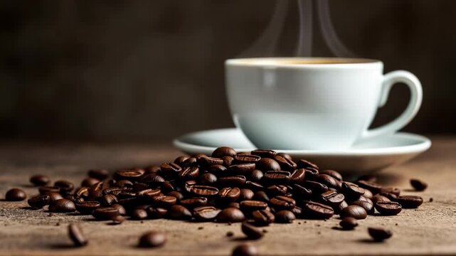 Slow motion close up pan of coffee beans falling onto pile in front of steaming cup and saucer on rustic table in kitchen cafe morning