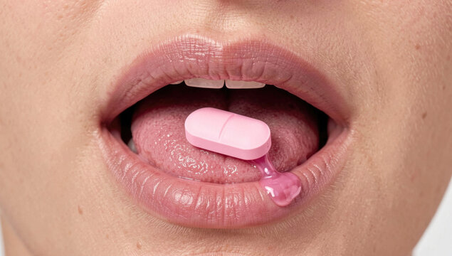 A close-up shot of a person holding a pill in their mouth, getting ready to take it
