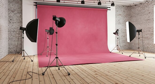 Modern Photography Studio Interior with Pink Backdrop and Professional Lighting Equipment