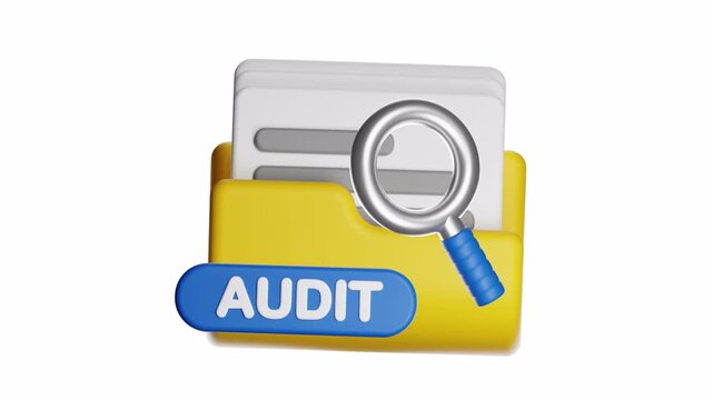 3d ux icon motion business concepts, research projects, detective themes. Vibrant yellow folder, documents, magnifying glass focused on analyzing contents.