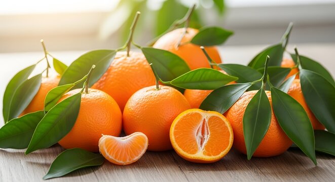 Fresh ripe mandarins with green leaves on a wooden table in soft morning light