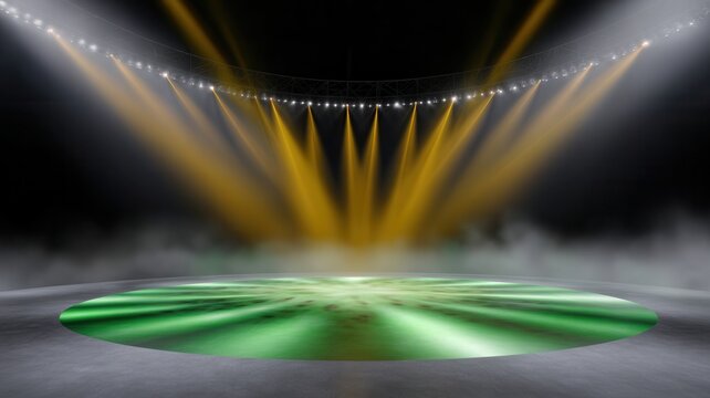Circular stage lighting rig illuminating a vivid green and yellow light show for events performance and entertainment