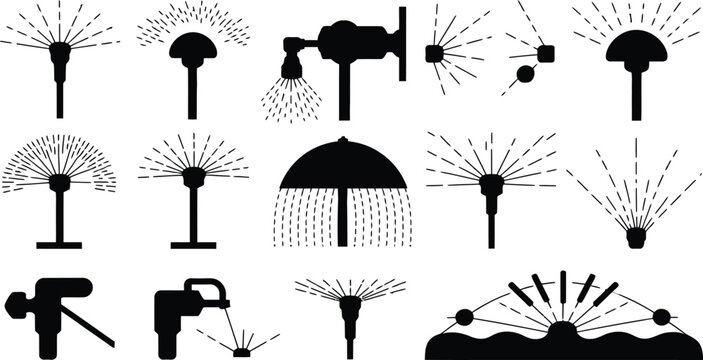 Lawn sprinkler garden irrigation system silhouette icon collection vector