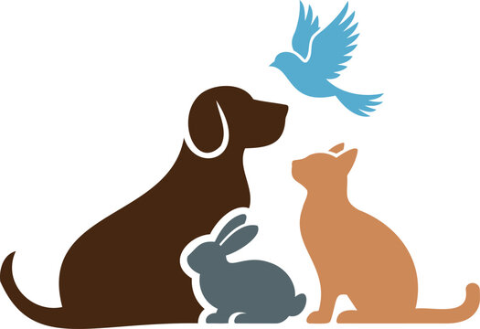 Brown dog blue bird gray rabbit and orange cat sitting together looking up  animal friends