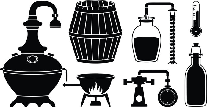 Distillation brewing and alchemy equipment silhouette icon set vector