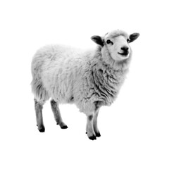 Fototapeta premium Black and white halftone illustration of sheep, farm animal isolated on white background, detailed wool texture in retro print style.