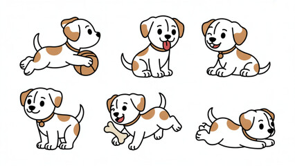 Naklejka premium Cute Puppy Cartoon Line Art Set Playful Spotted Dog Character Collection