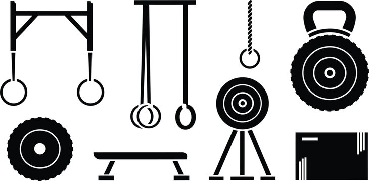 Fitness gym equipment silhouette crossfit training icon set vector