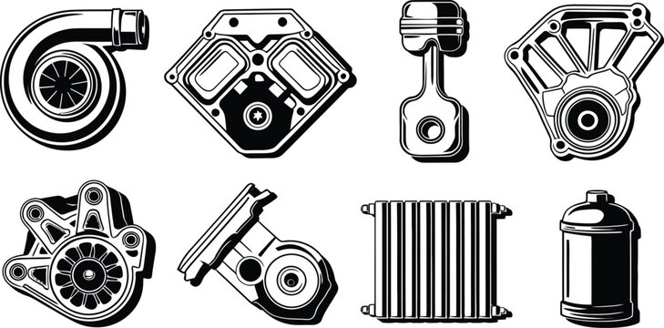 Monochrome Car Engine Parts and Auto Mechanic Components Vector Icon Set