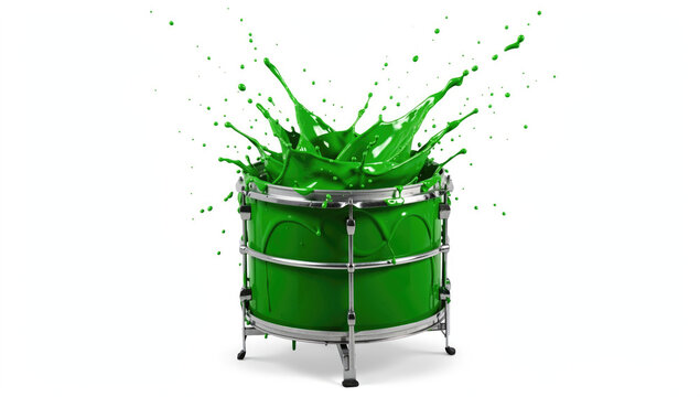 A green drum with vibrant green paint splattering out