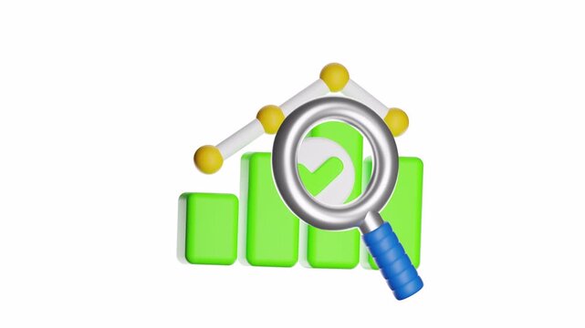 3d ux icon motion magnifying glass examining green bar graphs with yellow data points. Analyzing financial or statistical data concept for presentations or reports.